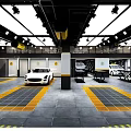 Modern 4S Car Dealership Showroom Featuring White Luxury Vehicles And Yellow Grille Floors