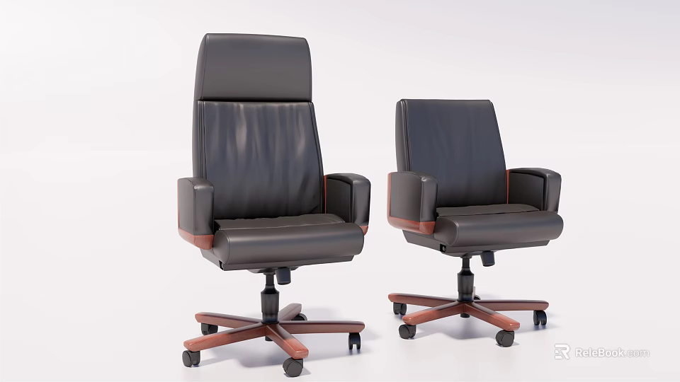Executive Black Leather Office Chairs With Brown Wooden Arms And Swivel Wheels Design 3d model 