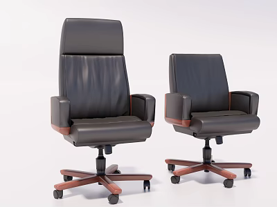 Executive Black Leather Office Chairs With Brown Wooden Arms And Swivel Wheels Design 3d model