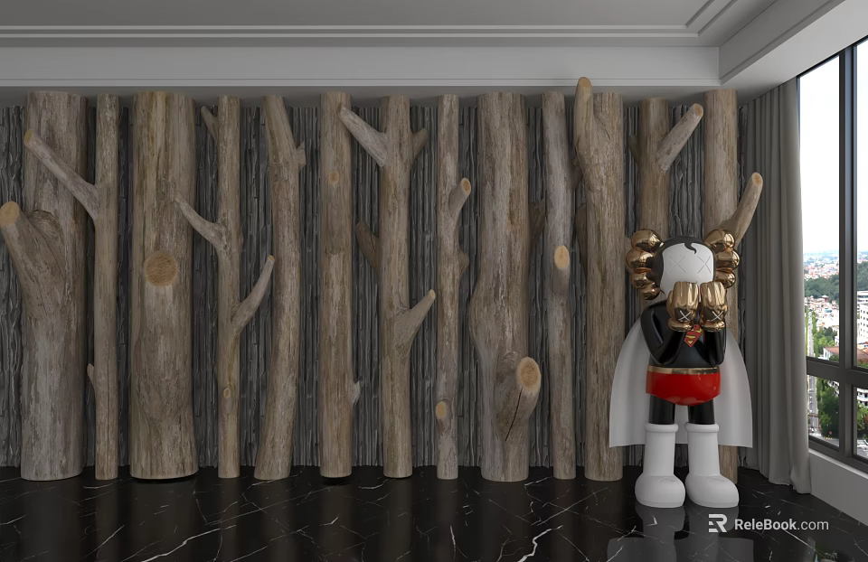 Wooden Log Branch Background Wall With Gold Head Red Shorts Doll On Black Marble Floor 3d model 