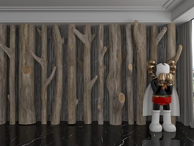 Wooden Log Branch Background Wall With Gold Head Red Shorts Doll On Black Marble Floor 3d model