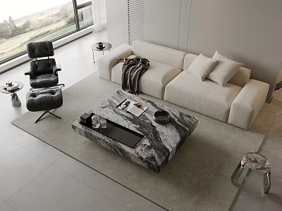 Modern White Sofa And Coffee Table Set With Marble Top Pillows Blanket And Scenic View 3d model