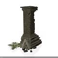 Modern Setting Showcasing Ancient Ruined Brick Pillar With Stone Base Wooden Logs And Grass