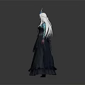 Elegant Fantasy Character with White Long Hair Blue Headdress and Layered Teal Dress