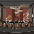 Chinese Style Private Dining Room With Red Decorative Wall Round Table And Elegant Chandelier