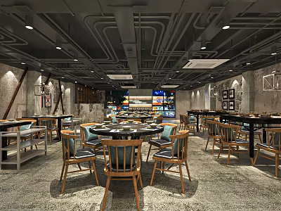 Modern Industrial Hotpot Restaurant Interior With Open Layout And Dining Furniture 3d model