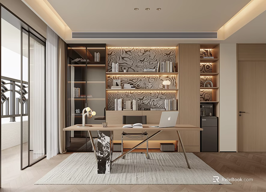 Modern Home Office Interior Design With Wooden Desk Bookshelves And Decorative Wall 3d model 