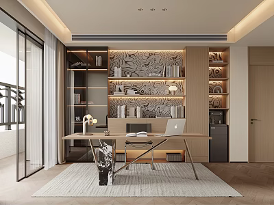 Modern Home Office Interior Design With Wooden Desk Bookshelves And Decorative Wall 3d model