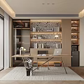 Modern Home Office Interior Design With Wooden Desk Bookshelves And Decorative Wall