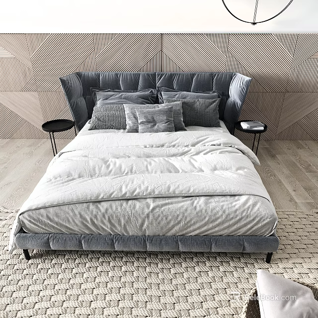 Modern Double Bed With Grey Velvet Headboard Grey Pillows White Duvet And Black Side Tables 3d model 