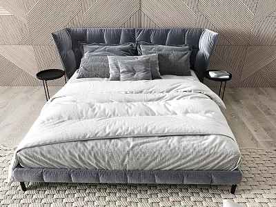 Modern Double Bed With Grey Velvet Headboard Grey Pillows White Duvet And Black Side Tables 3d model