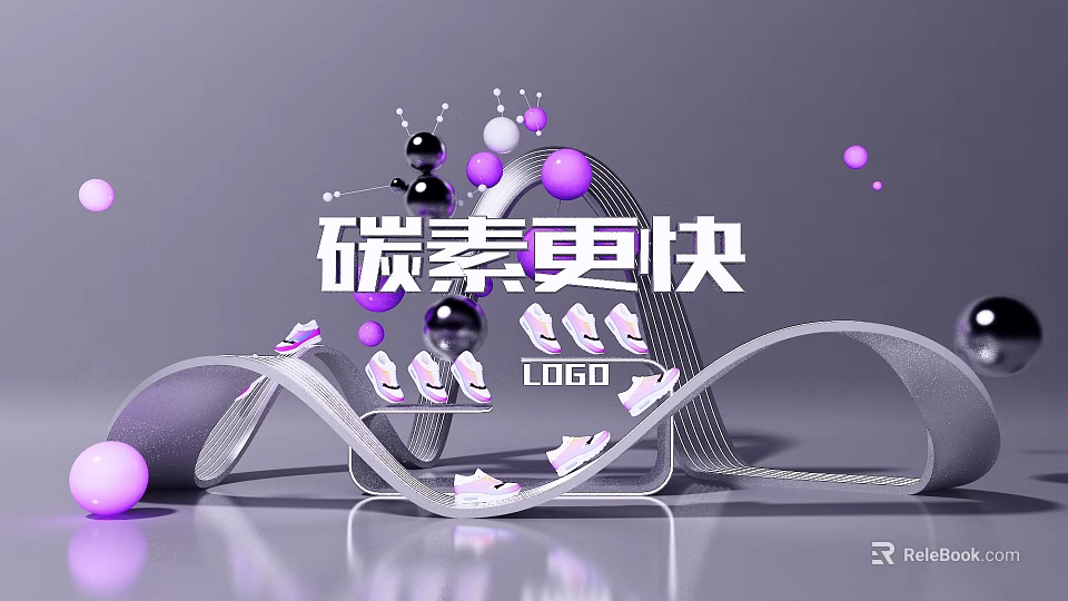 Speed Inspired Modern Photo Check in Spot with Purple Black Spheres Wave and Shoe Elements 3d model 