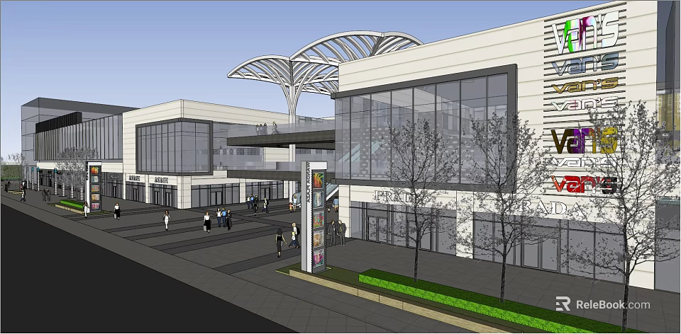 Modern Commercial Street Featuring Glass Facade Canopy Trees and Pedestrian Walkway 3d model 