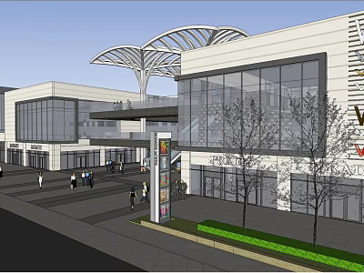 Modern Commercial Street Featuring Glass Facade Canopy Trees and Pedestrian Walkway 3d model
