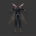 Futuristic Character In Black Bodysuit With Pink Transparent Wings And Golden Shoulders