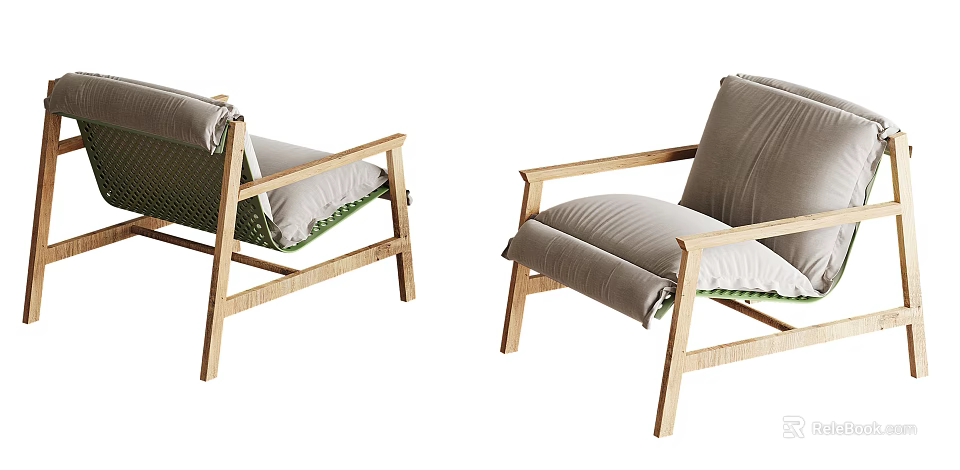Modern Comfortable Wooden Frame Accent Chairs With Soft Gray Cushions And Armrests 3d model 