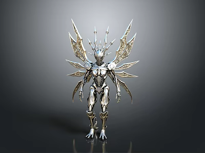 Silver Armored Character And Fantasy Creature With Spiked Head And Multiple Wings 3d model