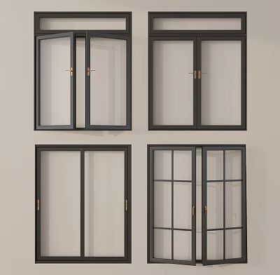 Black Frame Casement Windows With Various Glass Panel Designs For Home 3d model