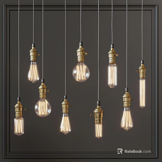 Vintage Pendant Lights With Brass Bases And Clear Bulbs Hanging On Dark Background 3d model 