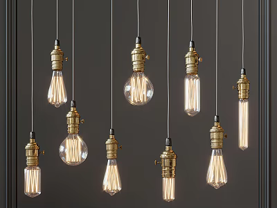 Vintage Pendant Lights With Brass Bases And Clear Bulbs Hanging On Dark Background 3d model