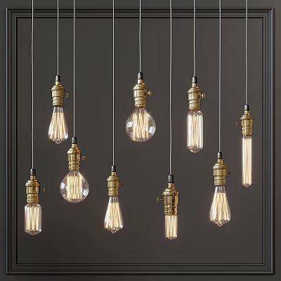 Vintage Pendant Lights With Brass Bases And Clear Bulbs Hanging On Dark Background 3d model