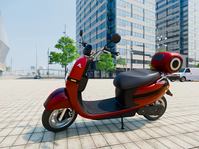 Red Electric Scooter Parked On Urban Plaza With City Buildings And Green Trees 3d model