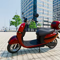 Red Electric Scooter Parked On Urban Plaza With City Buildings And Green Trees