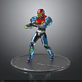 Armored Character Model Featuring Red Helmet Blue Armor Green Glowing Accents And Silver Circular Base