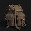 Brown Canvas Pet Backpack With Multiple Pockets And Green Straps 3d model