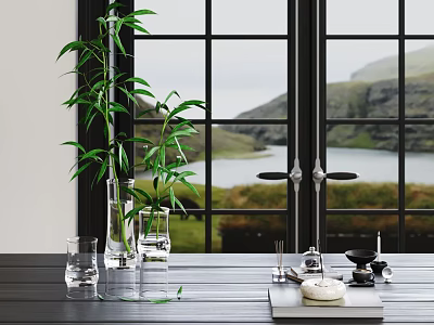 Fresh Bamboo in Glass Vase on Wooden Tabletop with Mountain View Window Interior 3d model