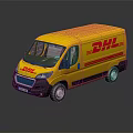 Yellow DHL Delivery Van Featuring Brand Logo With Reflection On Dark Background 3d model
