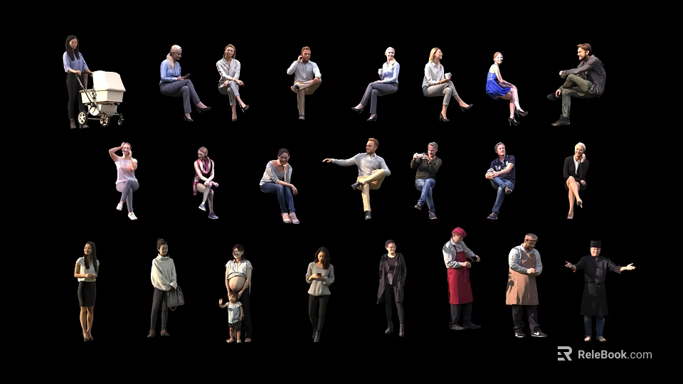 Multiple People in Various Poses and Different Clothing Against Black Background 3d model 