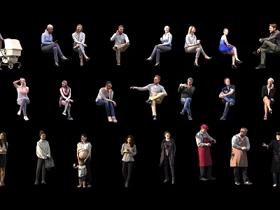 Multiple People in Various Poses and Different Clothing Against Black Background 3d model