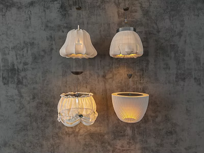White Pleated Pendant Lights With Four Different Designs On Gray Wall Background 3d model