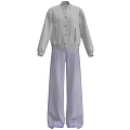 Casual Navy Blue Jacket with White Stripes on Sleeves and Light Gray Wide Leg Pants