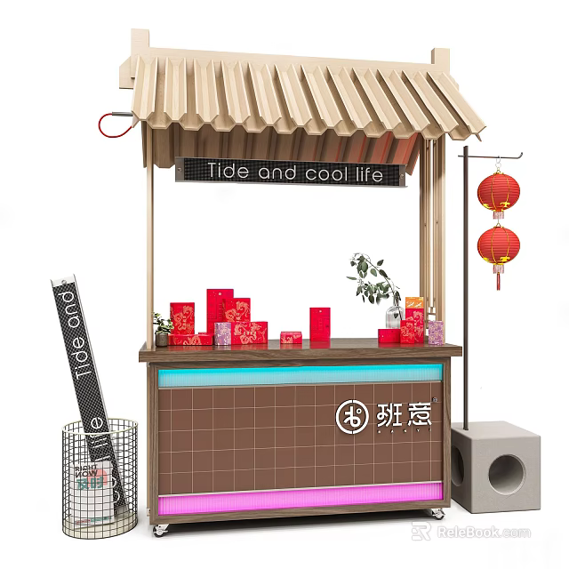 Functional Street Vendor Cart With Canopy Red Lanterns And Tide Cool Life Signboard 3d model 