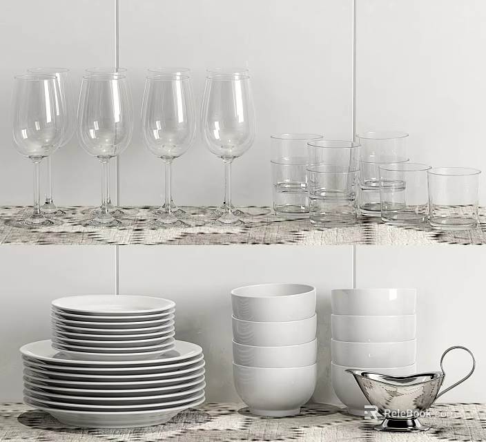 Modern White Porcelain Dinnerware Set with Wine Glasses Plates Bowls and Cups 3d model 
