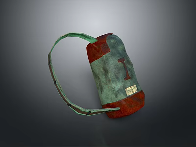 Red And Green Metal Household Water Container With Curved Handle And Decorative I Label 3d model