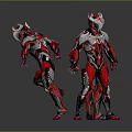 Three Red And Silver Armored Characters In Battle Stance With Grey Background