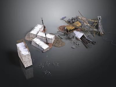 Construction Site Components Featuring White Temporary Buildings Metal Frames And Debris 3d model