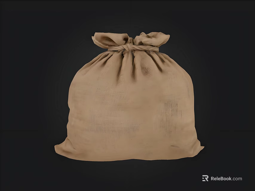 Brown Drawstring Burlap Bag With Tied Top And Textured Surface On Black Background 3d model