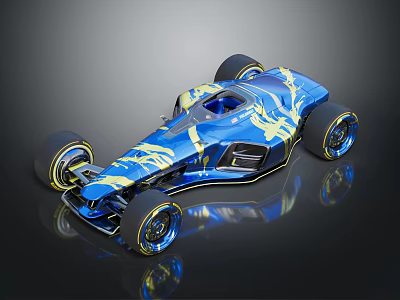 Blue Race Car With Sleek Aerodynamic Body Yellow Accent Patterns And Large Glossy Wheels 3d model