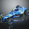 Blue Race Car With Sleek Aerodynamic Body Yellow Accent Patterns And Large Glossy Wheels