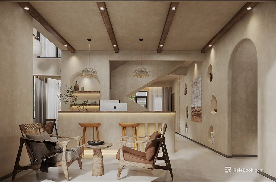Rustic Guesthouse Interior With Wooden Beams Arched Doorways Cozy Seating And Natural Light 3d model 