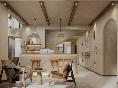 Rustic Guesthouse Interior With Wooden Beams Arched Doorways Cozy Seating And Natural Light 3d model