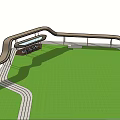 Modern Curved Pergola Design With Seating Area Green Lawn And Paved Ground