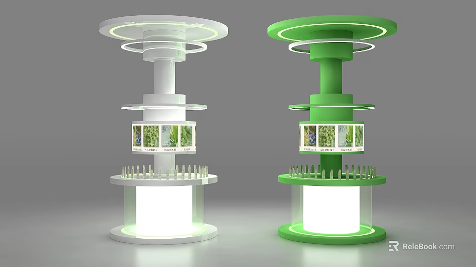 White and Green Multi tiered Display Shelves With Circular Lighting and Bottom Illumination 3d model 