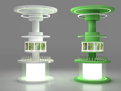White and Green Multi tiered Display Shelves With Circular Lighting and Bottom Illumination 3d model