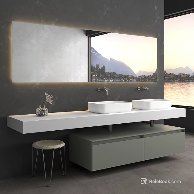 Modern Bathroom Vanity with Double White Sinks Large Mirror Reflecting Lake Mountain View Gray Wall 3d model 