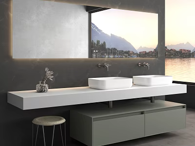 Modern Bathroom Vanity with Double White Sinks Large Mirror Reflecting Lake Mountain View Gray Wall 3d model